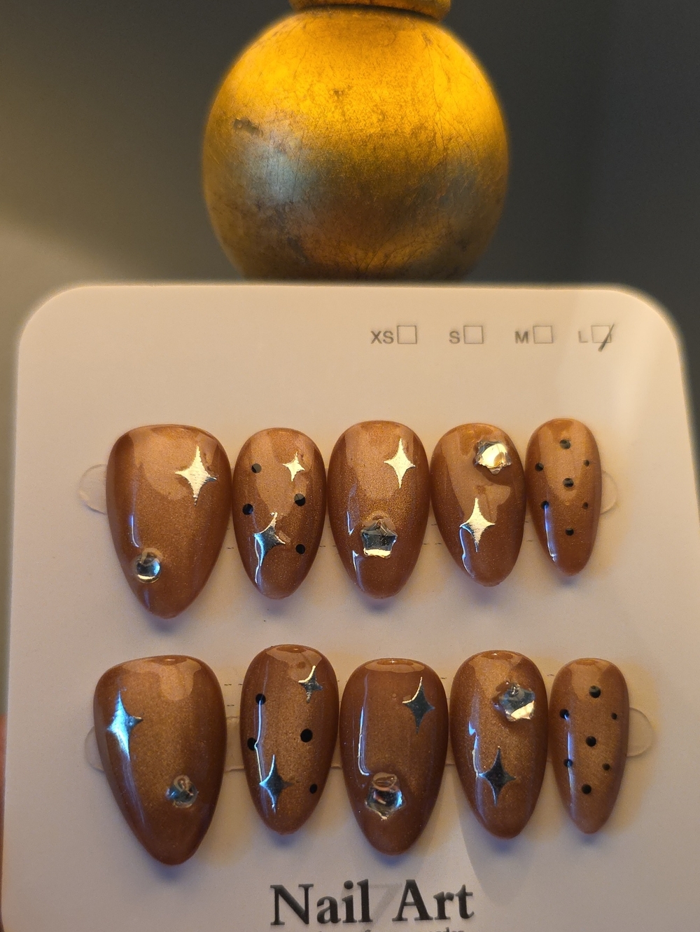 Press-On Nail Set - Metallic Brown Star & Gem Accents Size Large